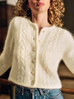 Sézane Evy Cardigan Mohair Cable Knit Cream Womens Size L | Like New